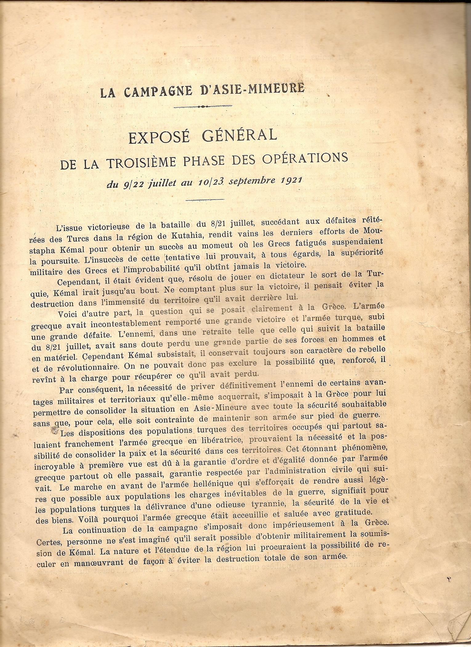 La campagne d'Asie Mineure . Expose general de la troisieme phase des operations du 9/22 Juillet au 10/23 Septembre 1921